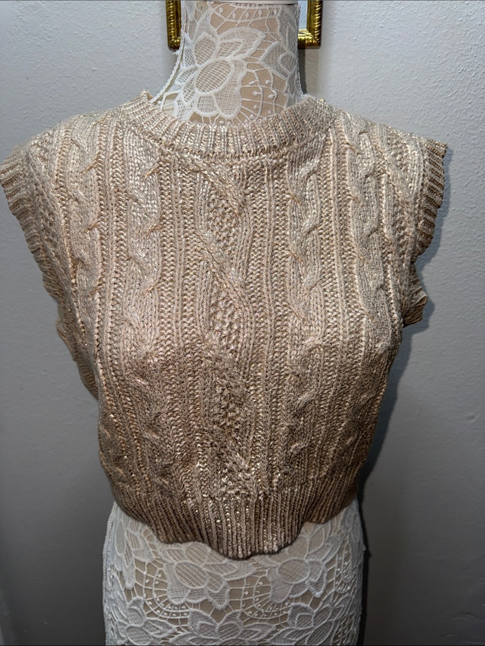 She + Sky Sleeveless Metallic Cable Knit Crop Top in Gold
